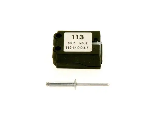 Schwarzes Bosch-Produkt mit einer beschrifteten Seite, daneben ein metallischer Stift. Beide Objekte sind auf einem neutralen Hintergrund platziert.